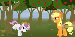 Size: 1280x640 | Tagged: applebucking, applejack, artist:timidusartifex, derpibooru import, hat, safe, sweetie belle