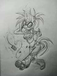 Size: 960x1280 | Tagged: safe, artist:discommunicator, derpibooru import, vinyl scratch, anthro, plantigrade anthro, unicorn, alternative cutie mark placement, breasts, cleavage, clothes, female, grin, ipod, magic, monochrome, smiling, solo, telekinesis, traditional art