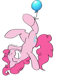 Size: 660x880 | Tagged: safe, artist:conicer, derpibooru import, pinkie pie, balloon, eyes closed, g4, happy, hung upside down, simple background, solo, then watch her balloons lift her up to the sky, transparent background, upside down