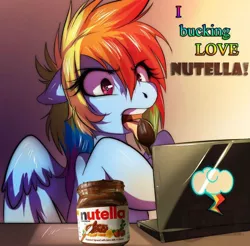 Size: 500x491 | Tagged: safe, artist:tartii, derpibooru import, edit, rainbow dash, angry, captions, computer, laptop computer, licking, nutella, obligatory pony, spoon, tongue out