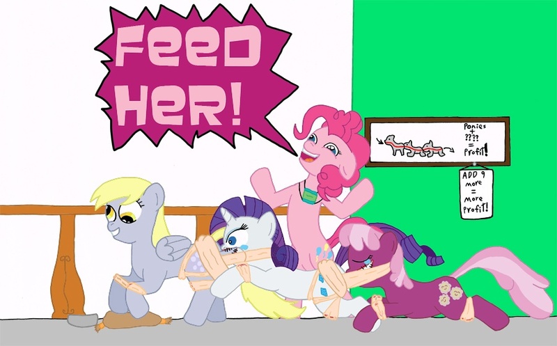 Size: 900x559 | Tagged: questionable, semi-grimdark, artist:thelimeofdoom, derpibooru import, cheerilee, derpy hooves, pinkie pie, rarity, pegasus, pony, unicorn, crying, female, implied poop eating, mare, parody, pony centipede, the human centipede, wide eyes