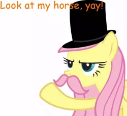 Size: 500x458 | Tagged: british, derpibooru import, facial hair, fluttershy, hat, look at my horse, meme, moustache, safe, top hat, yay