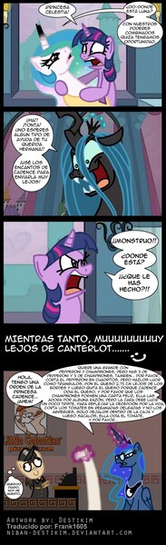 Size: 670x2200 | Tagged: angry, artist:niban-destikim, broken horn, c:, changeling, changeling queen, comic, derp, derpibooru import, female, frown, glare, glasses, injured, laughing, magic, open mouth, pizza, princess celestia, princess luna, queen chrysalis, reading, safe, smiling, spanish, telekinesis, translation, twilight sparkle, wide eyes, yelling