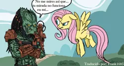 Size: 900x481 | Tagged: artist:highdarktemplar, derpibooru import, fluttershy, predator (franchise), safe, spanish, translation, yautja