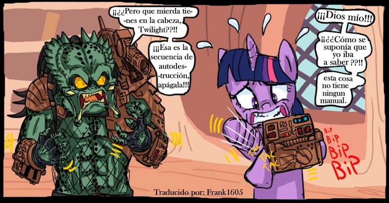 Size: 1000x524 | Tagged: safe, artist:highdarktemplar, derpibooru import, twilight sparkle, pony, unicorn, yautja, bipedal, female, imminent death, mare, predator (franchise), spanish, translation