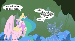 Size: 1447x792 | Tagged: safe, artist:egophiliac, derpibooru import, princess celestia, princess luna, alicorn, pony, duo, everfree forest, female, invisible, mare, pinklestia, poison joke, royal sisters, s1 luna, siblings, sisters, spanish, speech bubble, translation