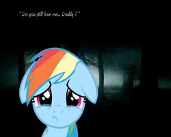 Size: 1024x819 | Tagged: safe, artist:cogz99, derpibooru import, rainbow dash, pony, fanfic:my little dashie, crying, feels, forest, irl, photo, ponies in real life, reference, sad, text, vector, woobie