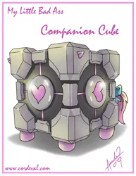 Size: 550x711 | Tagged: artist:amelie-ami-chan, companion cube, derpibooru import, ponified, portal (valve), safe