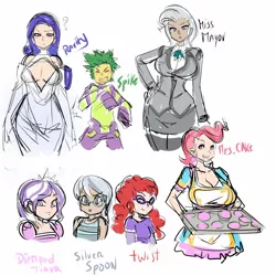 Size: 1500x1500 | Tagged: artist:maniacpaint, breasts, busty cup cake, busty mayor mare, cleavage, cougar, cup cake, derpibooru import, diamond tiara, female, human, humanized, mayor mare, milf, rarity, silver spoon, spike, suggestive, tray, twist