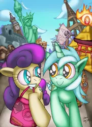 Size: 2508x3468 | Tagged: safe, artist:cazra, derpibooru import, bon bon, lyra heartstrings, sweetie drops, earth pony, pony, unicorn, area 51, big ben, colosseum, duo, earth, eiffel tower, great wall of china, high res, pyramid, smiling, statue of liberty