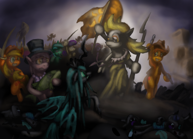Size: 3468x2508 | Tagged: safe, artist:cazra, derpibooru import, applejack, bon bon, braeburn, derpy hooves, lyra heartstrings, queen chrysalis, sweetie drops, twilight sparkle, changeling, changeling queen, earth pony, pegasus, pony, bipedal, classic art, dead, delacroix, female, fine art parody, high res, liberty leading the people, mare, on back, parody, revolution, tongue out