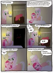 Size: 802x1102 | Tagged: safe, artist:kturtle, derpibooru import, granny pie, pinkie pie, earth pony, pony, comic:the story of granny pie, bed, candle, closet, clothes hanger, comic, dialogue, eyes closed, female, filly, glasses, heart, lidded eyes, mare, pillow, spanish, translation