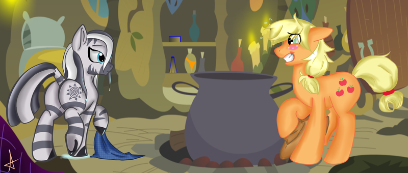 Size: 2635x1120 | Tagged: suggestive, artist:arnachy, derpibooru import, applejack, zecora, earth pony, pony, zebra, applecora, applecora (straight), applejack (male), blushing, cauldron, female, half r63 shipping, male, plot, rule 63, shipping, stallion, wet mane, zecora's hut