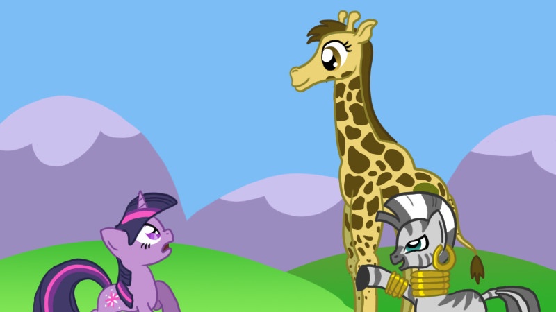 Size: 800x450 | Tagged: artist:spacepig22, derpibooru import, giraffe, safe, twilight sparkle, zebra, zecora