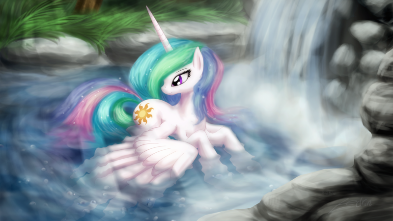 Size: 1920x1080 | Tagged: artist:zedrin, bathing, belly wings, colored, crepuscular rays, derpibooru import, digital painting, outdoors, princess celestia, prone, river, safe, solo, spread wings, swimming pool, water, waterfall, wet mane