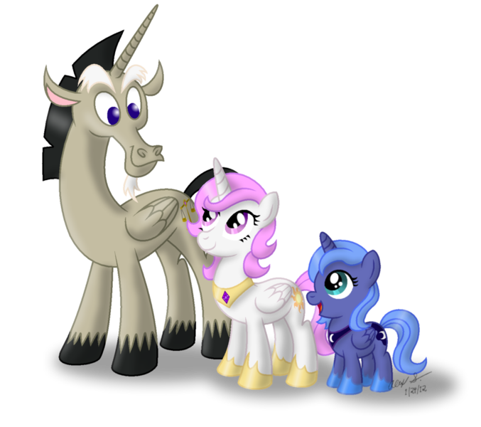 Size: 1024x908 | Tagged: safe, artist:aleximusprime, derpibooru import, discord, princess celestia, princess luna, pony, accord (alicorn), age of the alicorns, filly, pink-mane celestia, simple background, transparent background, trio, woona, younger