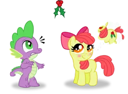 Size: 900x664 | Tagged: safe, artist:aleximusprime, derpibooru import, apple bloom, spike, dragon, earth pony, pony, adorabloom, alternate cutie mark, apple bloom's bow, apple bloom's cutie mark, blank flank, blushing, bow, cute, cutie mark, duo, female, filly, hair bow, hearts warming day, holly, holly mistaken for mistletoe, idea, interspecies, male, nervous, shipping, simple background, spikebloom, straight, thinking, transparent background