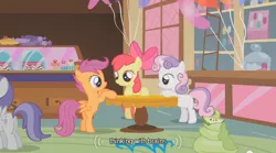 Size: 640x355 | Tagged: apple bloom, call of the cutie, derpibooru import, funny, redundant, safe, scootaloo, screencap, sweetie belle, tornado bolt, youtube caption