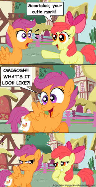 Size: 1024x1987 | Tagged: apple bloom, artist:aleximusprime, chicken, comic, comic sans, cutie mark, derpibooru import, safe, scootaloo