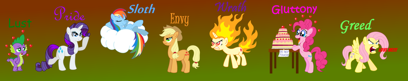 Size: 5468x1096 | Tagged: applejack, artist:aleximusprime, comic sans, derpibooru import, envy, flutterrage, fluttershy, gluttony, greed, lust, mane of fire, mane seven, mane six, pinkie pie, pride (deadly sin), rainbow dash, rapidash twilight, rarity, safe, saligia, seven deadly sins, sloth, spike, twilight sparkle, wrath, you're going to love me