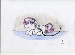 Size: 900x654 | Tagged: safe, artist:rameslack, derpibooru import, sweetie belle, pony, robot, unicorn, blank flank, european plug, eyes closed, female, filly, floppy ears, foal, hooves, horn, lying down, prone, recharging, sleeping, solo, sweetie bot, traditional art