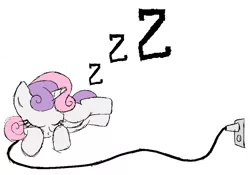 Size: 900x629 | Tagged: safe, artist:ogihb, derpibooru import, sweetie belle, pony, robot, unicorn, eyes closed, female, filly, foal, hooves, horn, lying down, recharging, simple background, sleeping, solo, sweetie bot, us plug, white background, zzz