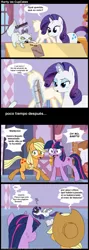 Size: 765x2145 | Tagged: safe, artist:musapan, derpibooru import, applejack, opalescence, rarity, twilight sparkle, earth pony, pony, unicorn, book, comic, female, lidded eyes, magic, mare, nervous, open mouth, scared, spanish, speech bubble, telekinesis, translation