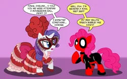 Size: 1148x720 | Tagged: safe, artist:feadraug, derpibooru import, masquerade, pinkie pie, rarity, clothes, costume, deadpool, dress, mask, pinkiepool