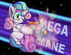 Size: 3600x2800 | Tagged: safe, artist:cazra, derpibooru import, sweetie belle, pony, robot, unicorn, female, filly, foal, high res, hooves, horn, megaman, megamare, smiling, solo, sweetie bot, teeth, text