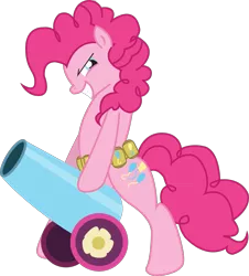 Size: 1203x1328 | Tagged: safe, artist:masterjosh140, artist:shamonme, derpibooru import, pinkie pie, earth pony, pony, bipedal, female, grin, mare, party cannon, simple background, solo, transparent background, vector