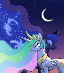 Size: 1600x1800 | Tagged: safe, artist:muffinshire, derpibooru import, nightmare moon, princess celestia, princess luna, alicorn, pony, disintegration, duality, eyes closed, female, intertwined manes, jewelry, mare, moon, neck hug, night, outdoors, regalia, royal sisters, screaming, sky, smiling, standing, stars, windswept mane