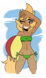 Size: 704x1188 | Tagged: anthro, armpits, artist:ss2sonic, beach ball, belly button, bikini, clothes, derpibooru import, midriff, oc, oc:beach ball, safe, swimsuit, unofficial characters only