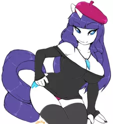 Size: 826x911 | Tagged: anthro, artist:niisbbb, beatnik rarity, beret, breasts, busty rarity, cleavage, clothes, curvy, derpibooru import, female, hat, nail polish, necklace, panties, rarity, stockings, suggestive, sweater, underwear