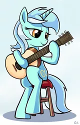 Size: 576x900 | Tagged: safe, artist:gsphere, derpibooru import, lyra heartstrings, pony, unicorn, chair, guitar, lidded eyes, sitting, smiling, solo, stool