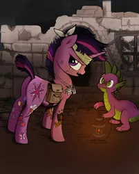 Size: 2417x3011 | Tagged: apocalypse, artist:mmmenagerie, cutie mark, derpibooru import, future twilight, high res, implied death, lantern, safe, scar, spike, tattoo, twilight sparkle