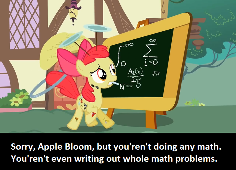 Size: 824x592 | Tagged: apple bloom, calibri, chalk, chalkboard, derpibooru import, edit, edited screencap, fake cutie mark, loop-de-hoop, math, meta, mouth hold, multiple cutie marks, plate spinning, safe, screencap, solo, the cutie pox