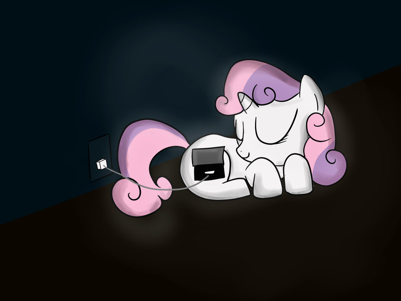 Size: 800x600 | Tagged: safe, artist:frostmusic, derpibooru import, sweetie belle, pony, robot, unicorn, black background, eyes closed, female, filly, foal, hooves, horn, lying down, prone, recharging, simple background, sleeping, smiling, solo, sweetie bot