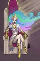 Size: 600x900 | Tagged: artist:theartrix, brown background, clothes, crown, derpibooru import, ethereal hair, female, gauntlet, human, humanized, jewelry, lipstick, peytral, princess celestia, regalia, safe, simple background, solo, throne, woman