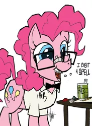 Size: 500x683 | Tagged: artist:theartrix, braces, dead alewives, derpibooru import, dungeons and dragons, glasses, mountain dew, pinkie pie, pocket protector, safe