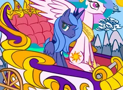 Size: 1375x1000 | Tagged: safe, artist:tess, derpibooru import, princess celestia, princess luna, carriage, frown, looking away, s1 luna, sad, sitting, smiling