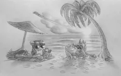 Size: 1400x877 | Tagged: safe, artist:deathcutlet, derpibooru import, rainbow dash, rarity, spike, twilight sparkle, dragon, pony, beach, beach umbrella, grayscale, monochrome, palm tree, sand sculpture, sketch, sunglasses, traditional art, tree