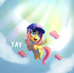 Size: 1200x1180 | Tagged: dead source, safe, artist:ninjaham, derpibooru import, fluttershy, butterfly, pegasus, pony, baseball cap, cap, cloud, crepuscular rays, cute, female, filly, filly fluttershy, hat, ribbon, shyabetes, solo, sunlight, younger
