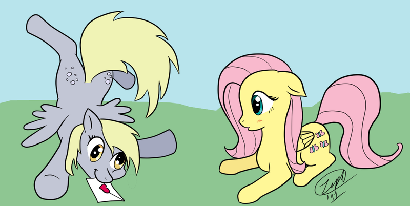 Size: 1280x643 | Tagged: safe, artist:pacce, artist:zeph, derpibooru import, derpy hooves, fluttershy, pegasus, pony, derpyshy, female, lesbian, letter, mare, shipping