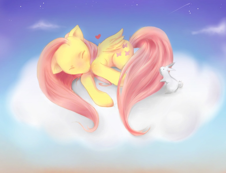 Size: 2436x1864 | Tagged: angel bunny, artist:the-raincloud, cloud, cloudy, derpibooru import, fluttershy, safe, sleeping