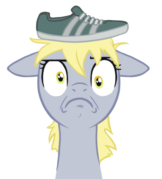 Size: 600x660 | Tagged: safe, artist:blackfeathr, derpibooru import, derpy hooves, pegasus, pony, faic, female, frown, glare, mare, moot, parody, shoe on head, shoes, simple background, solo, transparent background