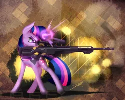 Size: 2500x2000 | Tagged: safe, artist:wreky, derpibooru import, twilight sparkle, pony, unicorn, cutie mark, female, glowing horn, gun, high res, hooves, horn, levitation, magic, mare, optical sight, rifle, sniper, sniper rifle, solo, telekinesis, twilight sniper, weapon