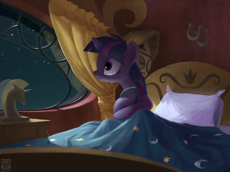 Size: 2000x1500 | Tagged: safe, artist:minibot-1, derpibooru import, twilight sparkle, pony, unicorn, bed, clock, cuckoo clock, female, golden oaks library, mare, night, nightmare, solo