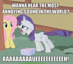 Size: 720x634 | Tagged: caption, derpibooru import, dumb and dumber, edit, edited screencap, fluttershy, image macro, most annoying sound in the world, package, party of one, rarity, safe, screencap