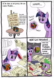 Size: 553x794 | Tagged: artist:kturtle, comic, derpibooru import, rubik's cube, safe, spanish, spike, translation, twilight sparkle