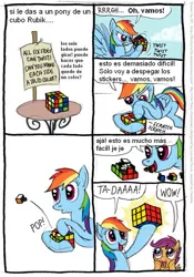 Size: 555x791 | Tagged: artist:kturtle, comic, derpibooru import, rainbow dash, rubik's cube, safe, scootaloo, spanish, translation